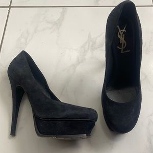 Authentic Yves Saint Laurent Navy Suede Tribute Heels | Size 36.5 EU / 6.5 US